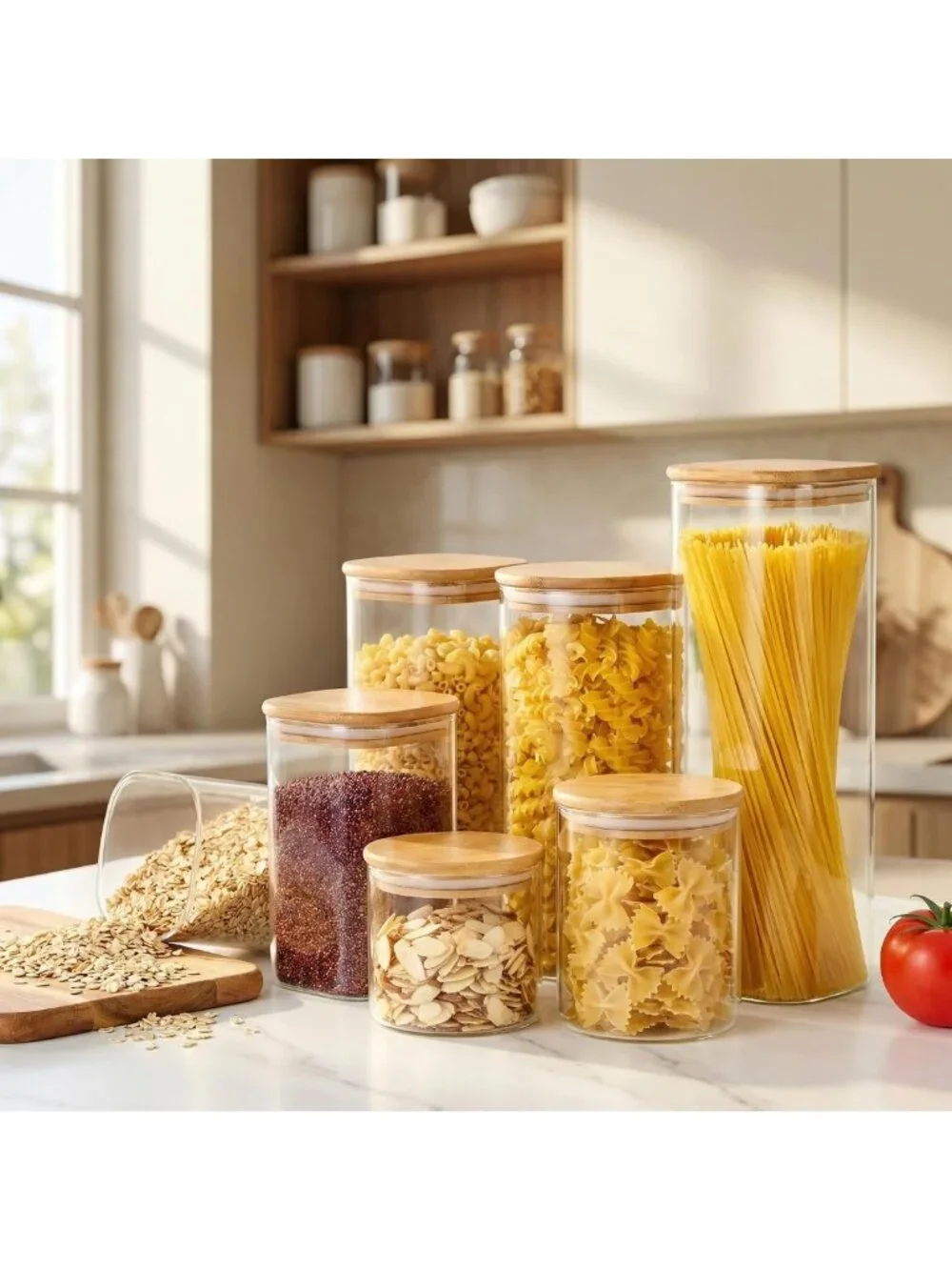 5 Pack Airtight Square Glass Storage Jars with Bamboo Lids for Kitchen
